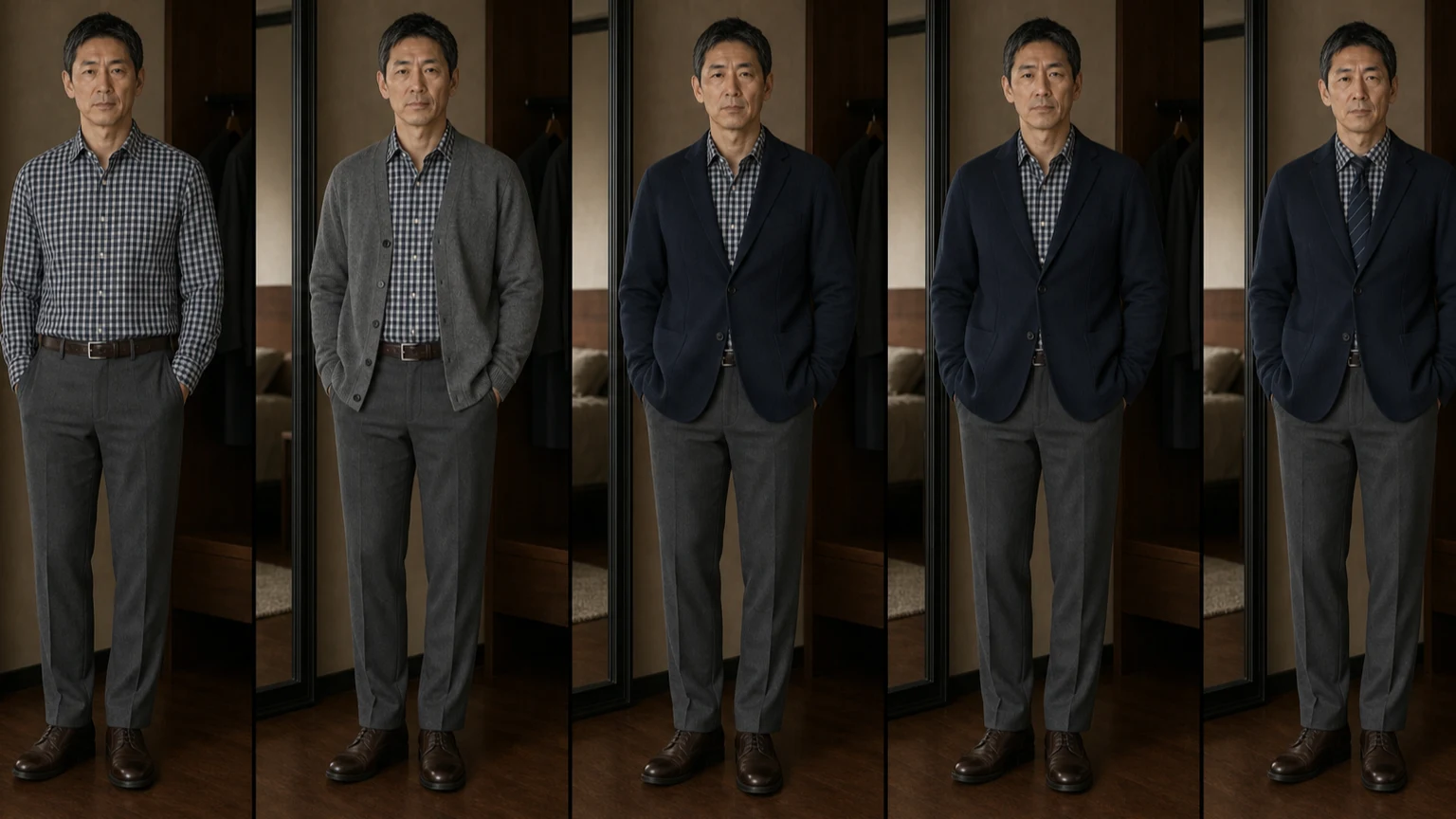 같은 체크 셔츠와 차콜 팬츠를 입은 남성이 셔츠 전면 노출·가디건 일부 노출·자켓 소면적 노출을 비교하고 스트라이프 타이를 더하기 전후를 확인하는 장면
