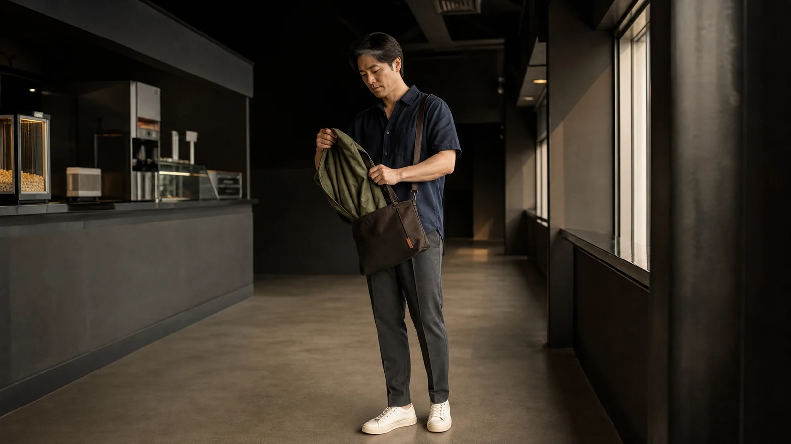 실내 공간에서 가방과 가벼운 레이어 한 장을 정리하는 남성