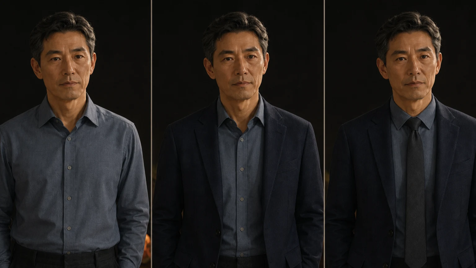 같은 셔츠와 차콜 슬랙스를 입은 남성이 셔츠만 입은 상태와 네이비 재킷, 타이를 더한 상반신 세 가지를 비교한 장면