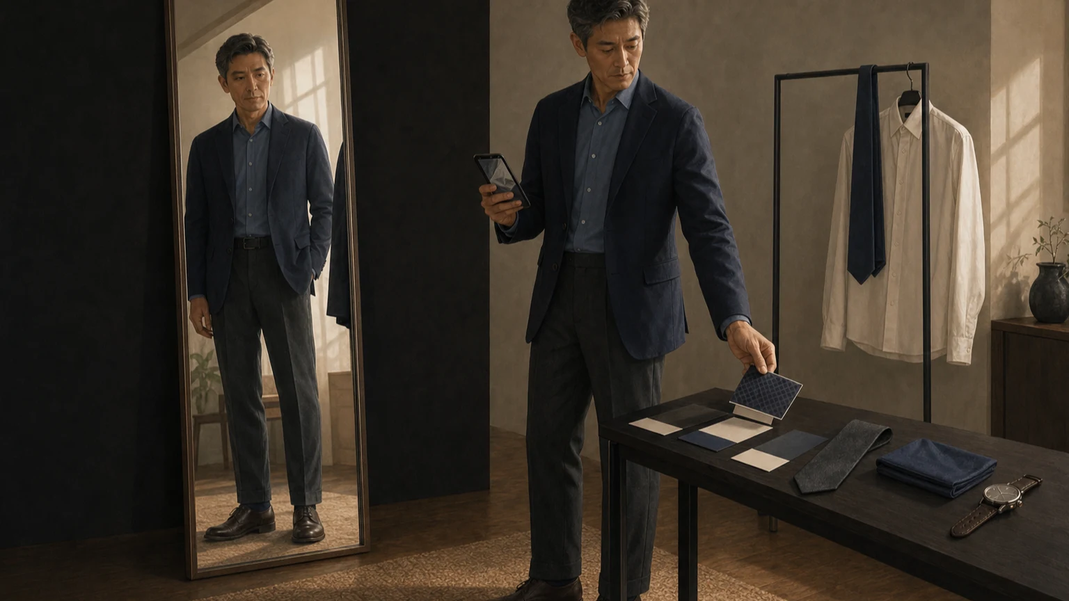 전신 거울과 휴대폰 카메라로 네이비 재킷과 차콜 슬랙스 착장의 색 면적과 패턴, 광택, 장식을 확인하는 남성