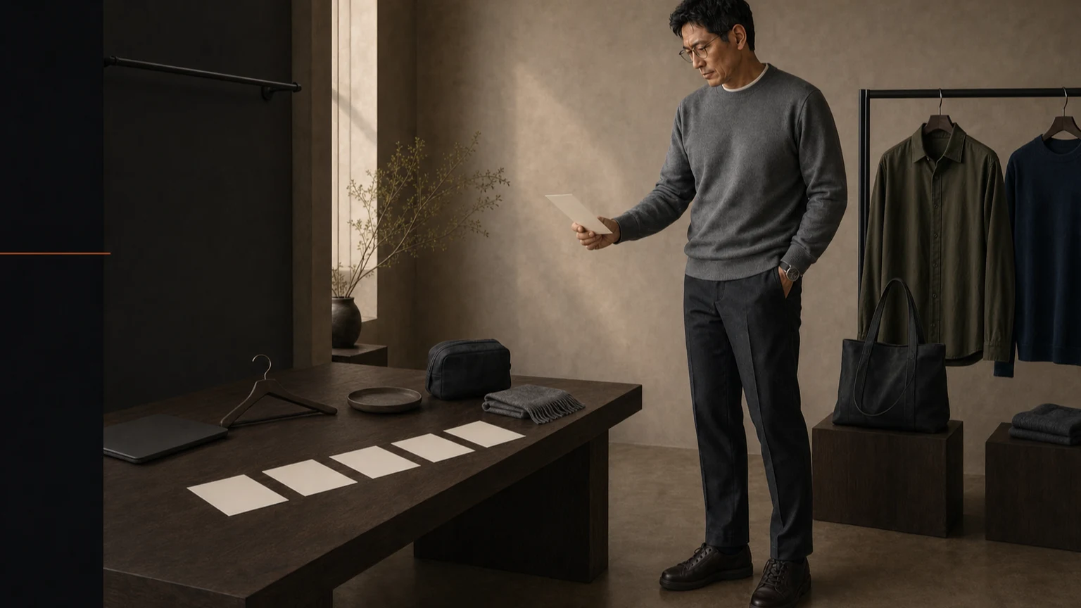 웜 그레이 스웨트셔츠와 차콜 트라우저를 입은 남성이 내부 업무와 가족 식사, 외부 미팅 카드에 단독·레이어·다른 상의 역할을 나누는 장면