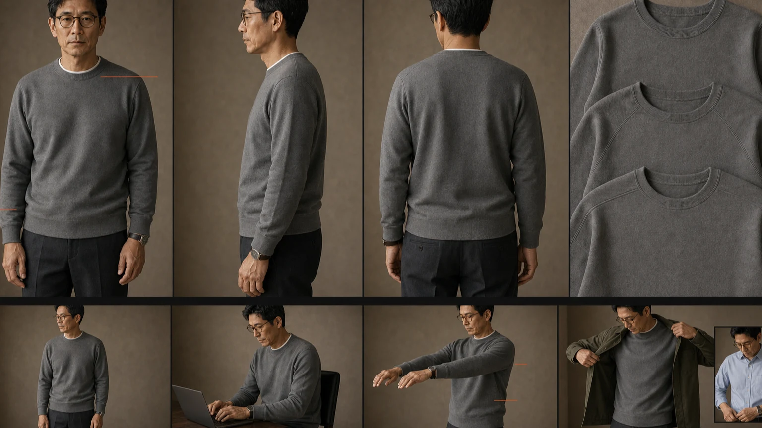 오프화이트 티셔츠 위 웜 그레이 스웨트셔츠를 입은 같은 남성의 앞·옆·뒤와 팔 내림·굽힘·뻗기에서 목 리브·어깨 솔기·소매·커프를 기록한 장면
