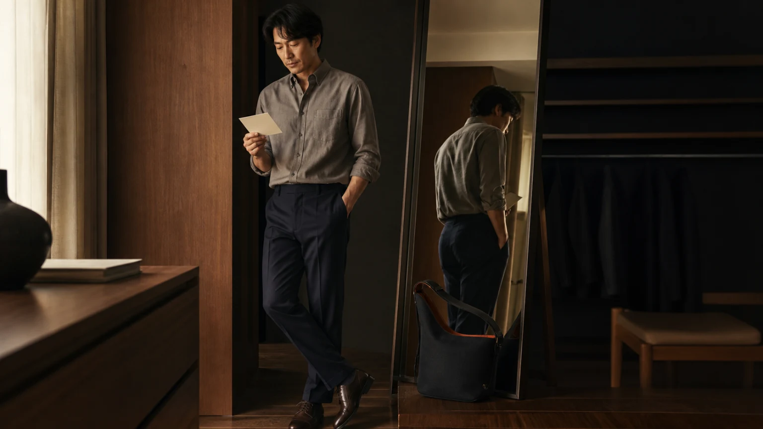 작은 가방과 무문자 안내 카드를 곁에 두고 사찰 방문 준비를 확인하는 남성