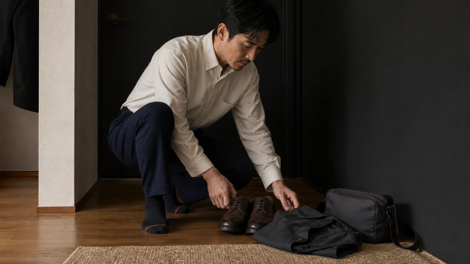 현관에서 신발과 접어 둔 겉옷, 작은 가방을 정리하며 방문 준비를 하는 남성