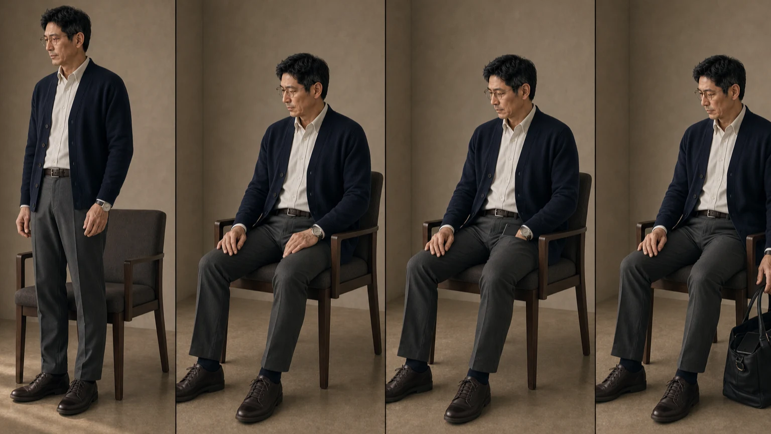 오프화이트 셔츠와 네이비 재킷, 차콜 팬츠를 입은 같은 남성이 서기와 빈 주머니 착석, 평소 주머니 착석, 소지품 위치 변경을 비교하는 장면