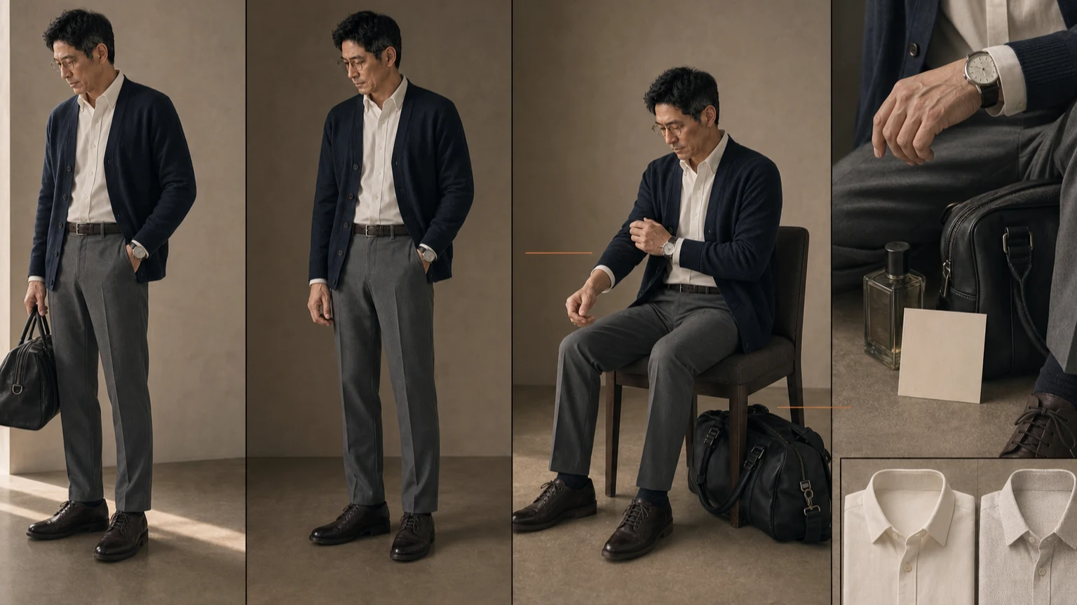 오프화이트 셔츠와 네이비 가디건, 미드 그레이 팬츠 차림의 남성이 자연광과 낮은 조도에서 패턴과 광택, 접촉 위치와 옷 상태를 확인하는 장면