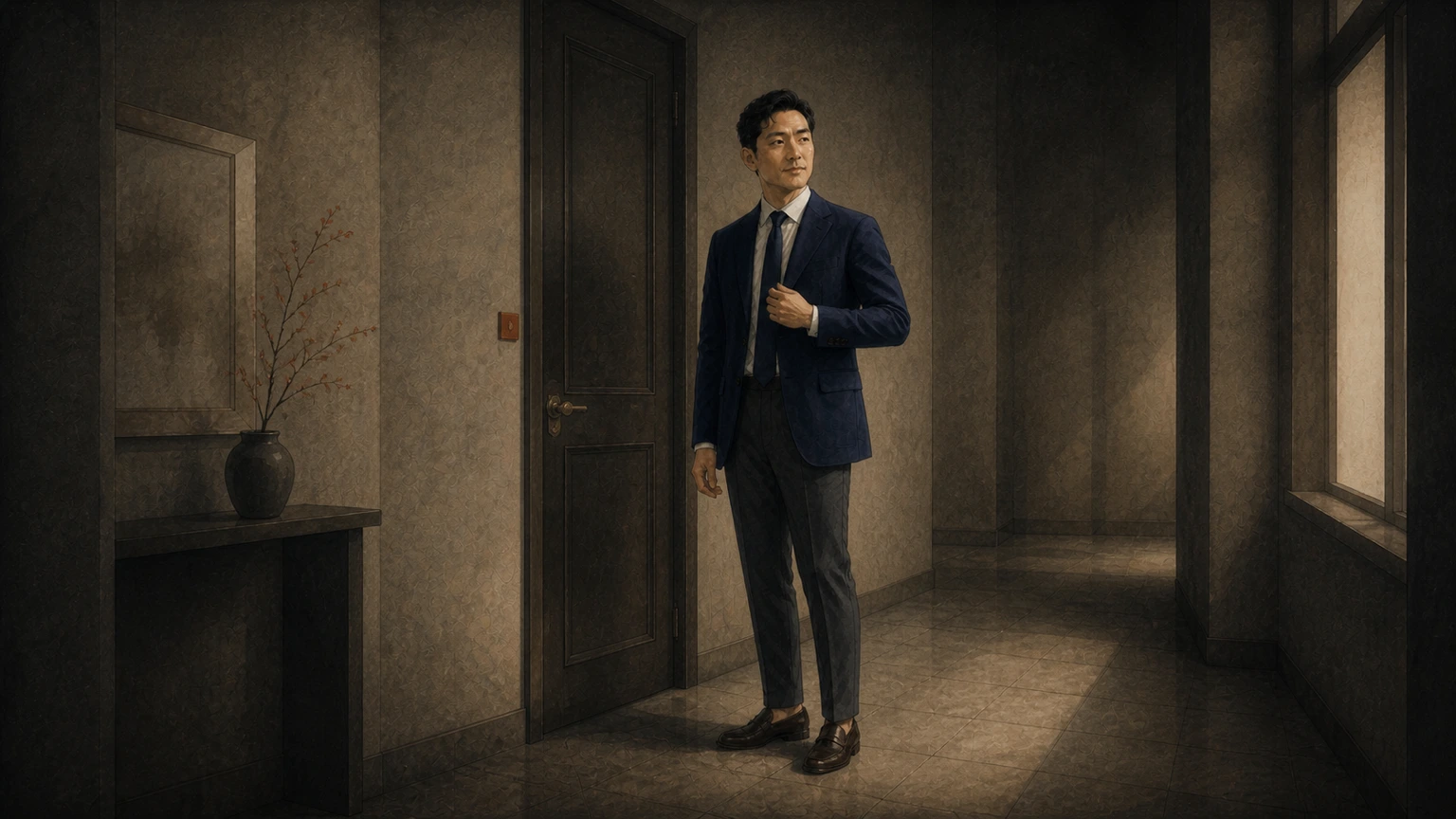 미팅 전 옷차림의 격식과 전체 인상을 전신 거울에서 확인하는 남성