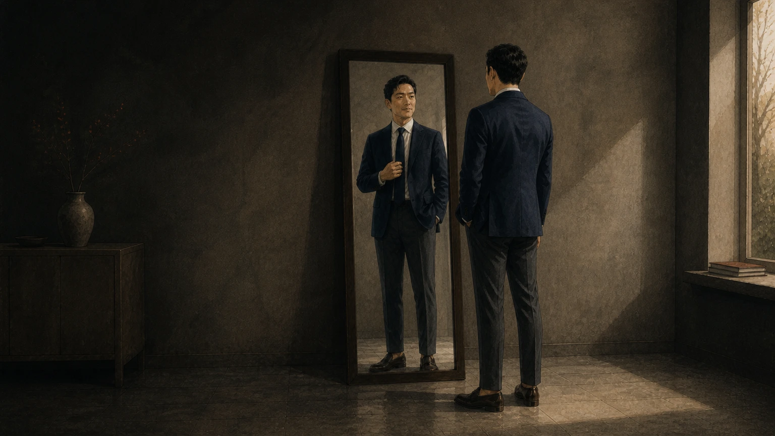재킷 라펠과 넥타이 길이를 전신 거울에서 확인하는 남성