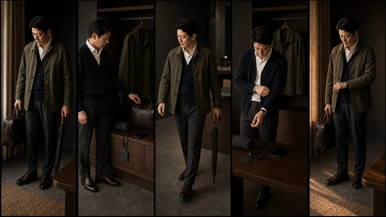 오프화이트 셔츠와 차콜 팬츠 차림의 40대 남성이 사무실에 외부층을 보관했다가 점심과 퇴근 전에 다시 입는 순서를 확인하는 장면
