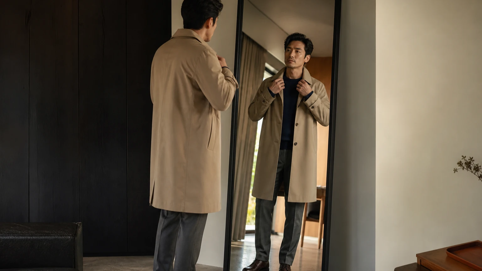 거울 앞에서 트렌치코트와 기본 옷차림의 비율을 살피는 남성