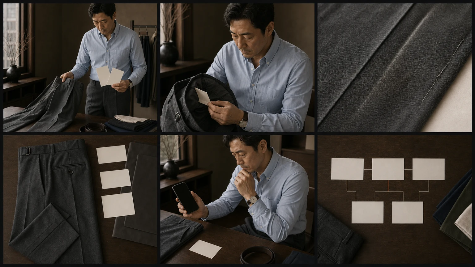 페일 블루 셔츠와 차콜 팬츠 차림의 남성이 같은 팬츠의 외부와 안쪽·센터 크리스·케어라벨·주문 정보를 확인하고 제품 문의·전문 관리·다른 후보·반품 선택지로 나누는 장면