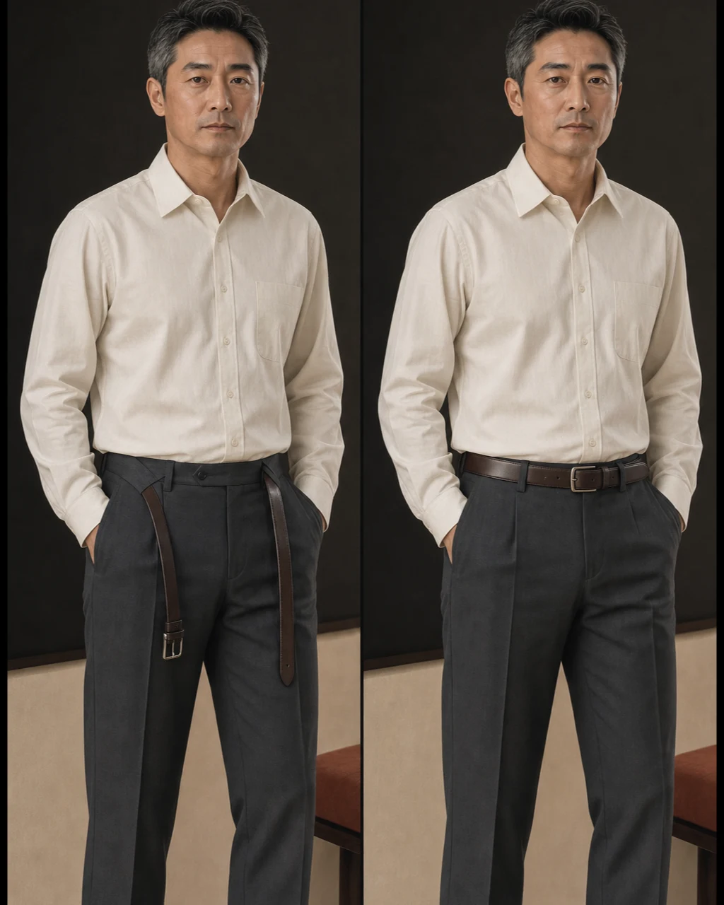 오프화이트 셔츠와 차콜 슬랙스를 입고 벨트 착용 전후의 허리선과 잠금부를 확인하는 남성