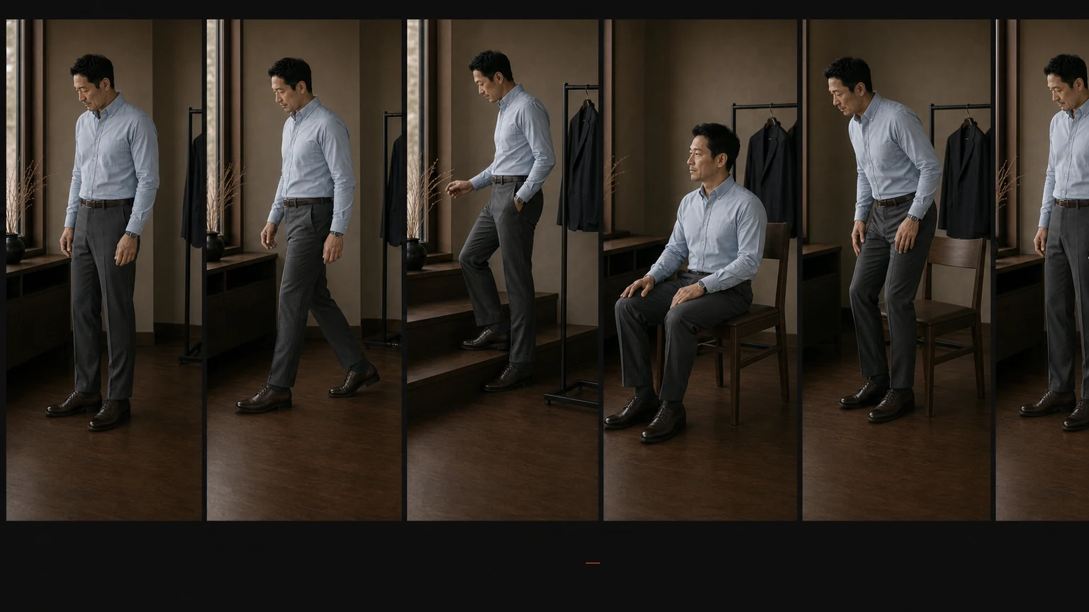 옅은 블루 셔츠와 미드 그레이 팬츠, 다크 브라운 더비 차림의 같은 남성이 서기·걷기·계단·착석·기립·복귀를 같은 조건에서 수행하며 밑단 이동을 확인하는 여섯 장면