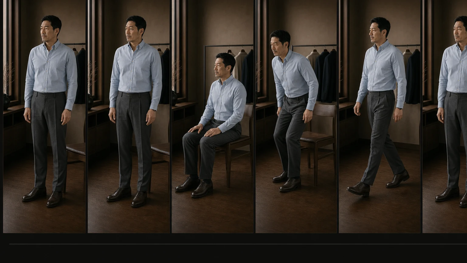 옅은 블루 셔츠와 그레이 팬츠 차림의 같은 남성이 자연 서기·호흡·착석·기립·보행·복귀를 같은 조건에서 수행하며 앞판 플리츠와 포켓·플라이의 이동을 확인하는 여섯 장면