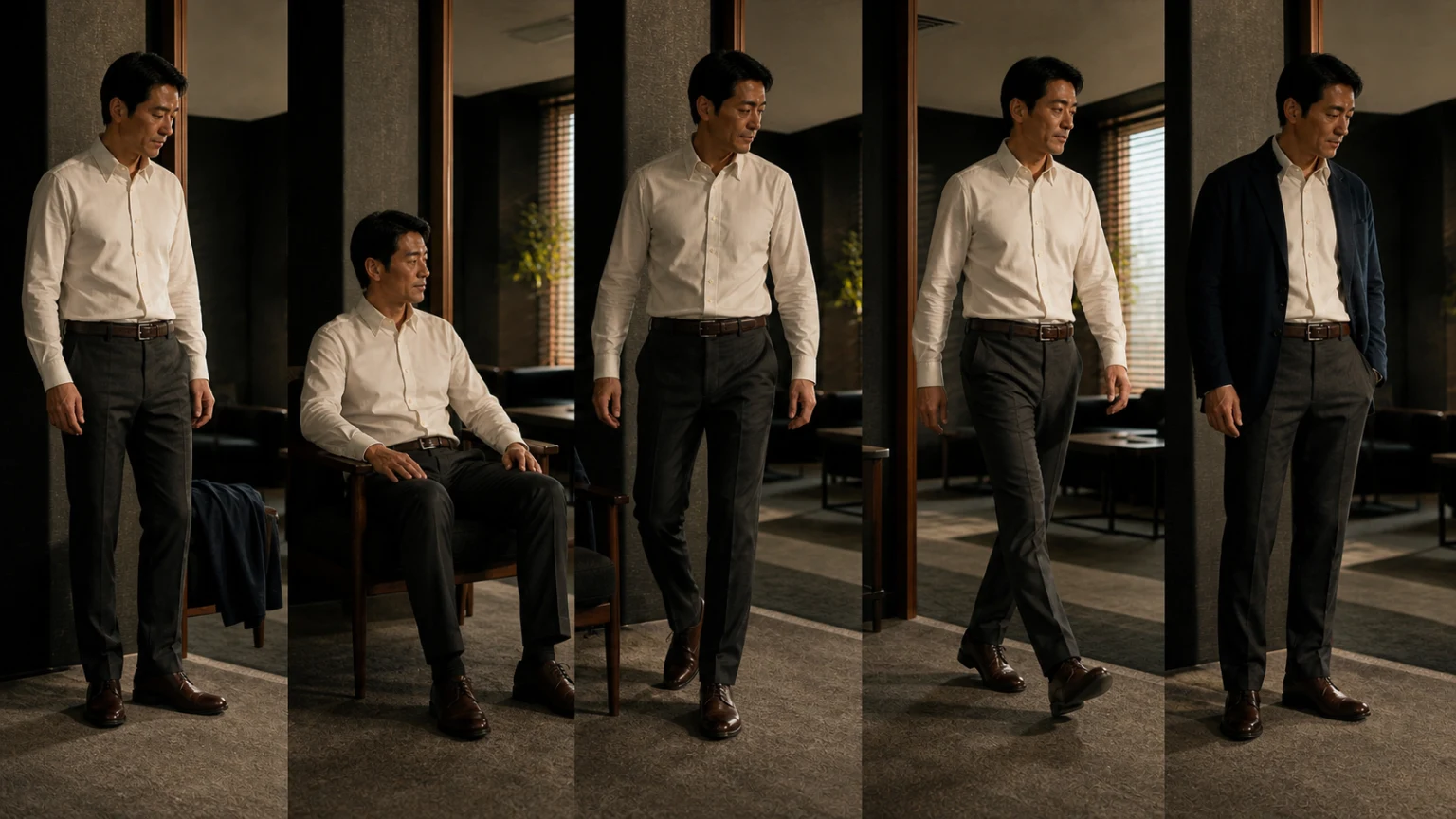 오프화이트 셔츠와 차콜 트라우저를 입은 남성이 자연 서기·의자 착석·기립·걷기·복귀 순서로 팬츠 상단의 움직임을 확인하는 장면