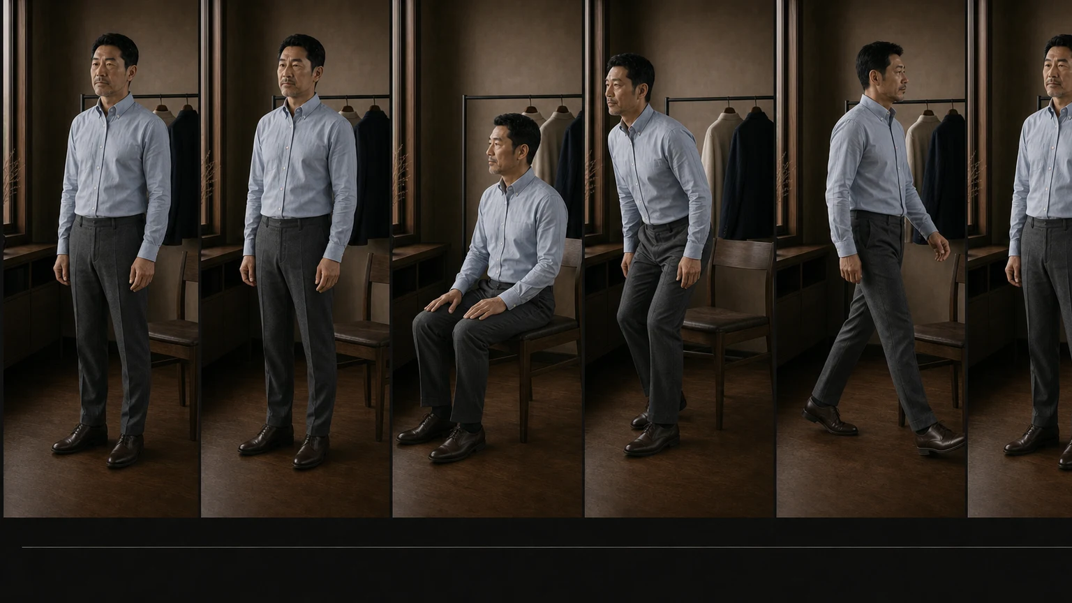 옅은 블루 셔츠와 그레이 팬츠 차림의 같은 남성이 자연 서기·호흡·착석·기립·보행·복귀를 같은 조건에서 수행하며 허리밴드와 잠금·플라이·옆선의 이동을 확인하는 여섯 장면