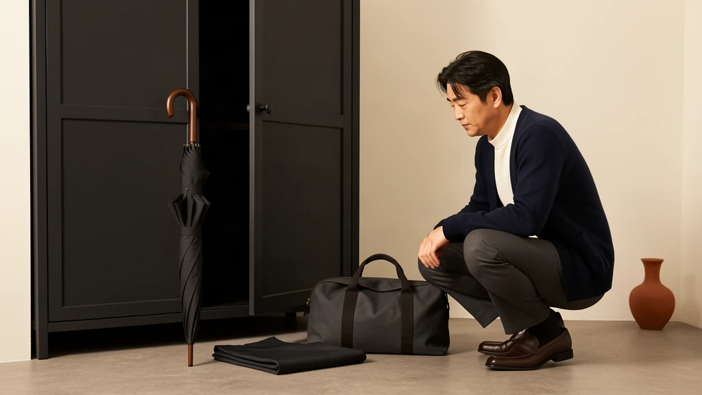 현관 수납장 앞에서 우산과 무지 커버를 확인하는 남성