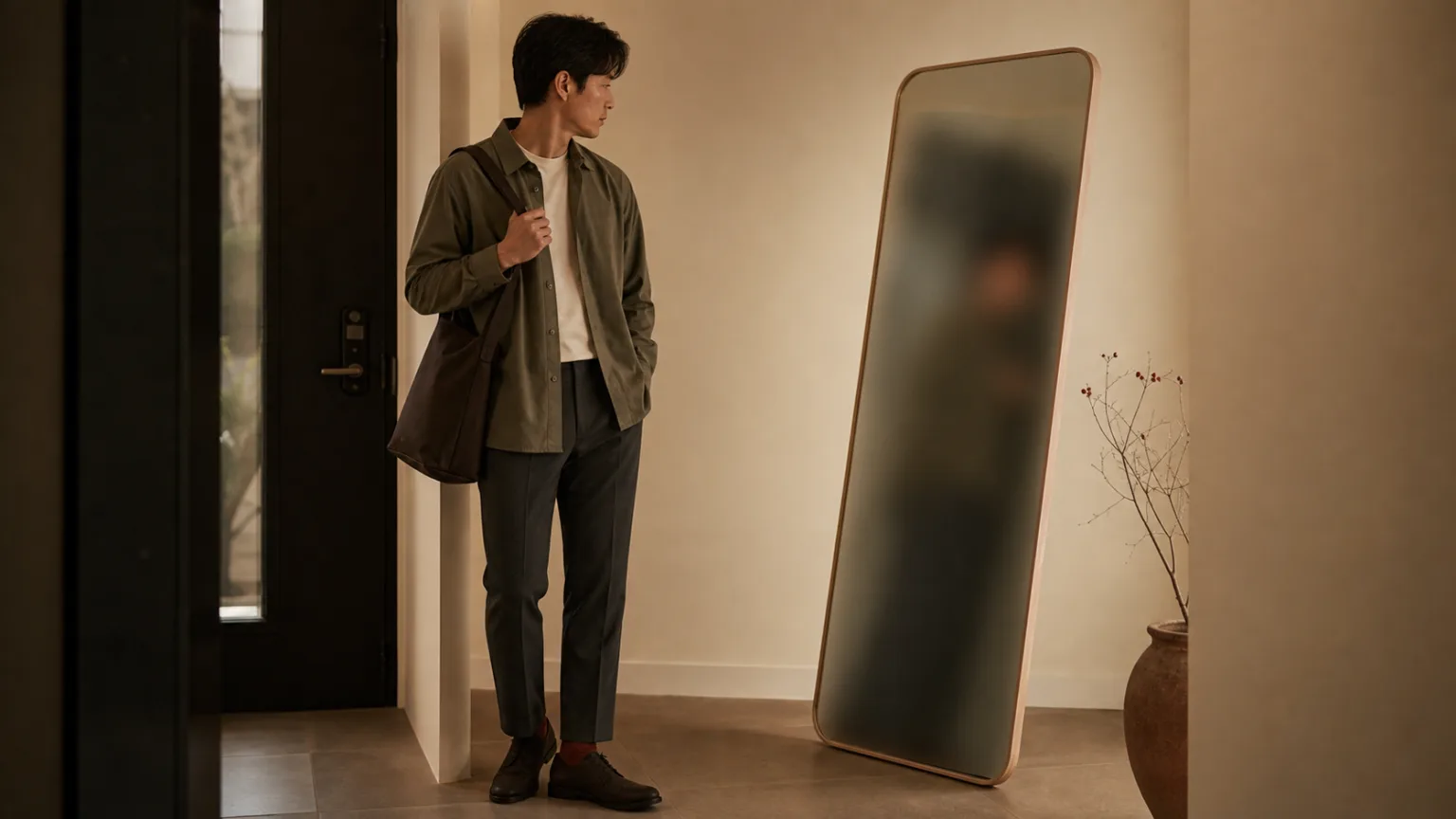 가방과 신발을 포함한 나들이 옷차림의 역할을 점검하는 남성