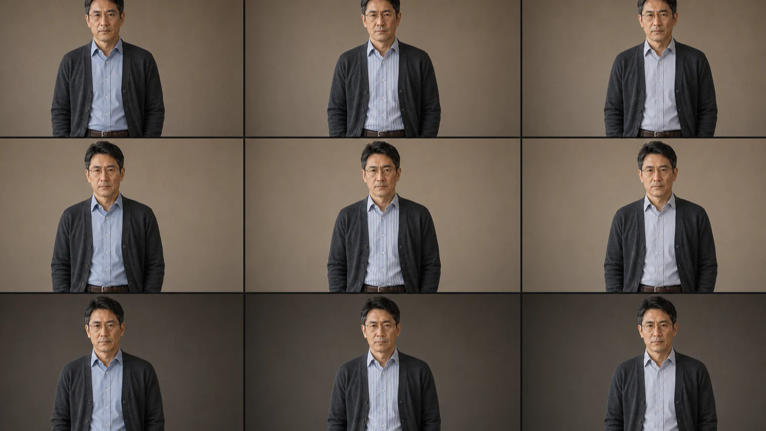 미드 그레이 가디건과 차콜 팬츠를 입은 같은 남성이 무지·넓은 스트라이프·미세 스트라이프 셔츠를 같은 카메라에서 비교하고 조명과 배경만 따로 바꿔 경계·반사·패턴 변화를 확인하는 장면