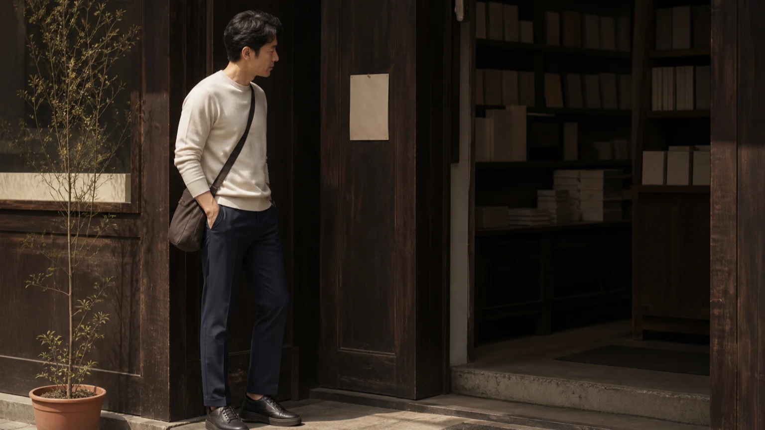 주말에 서점을 방문해 입구 안내를 살피는 단정한 차림의 남성