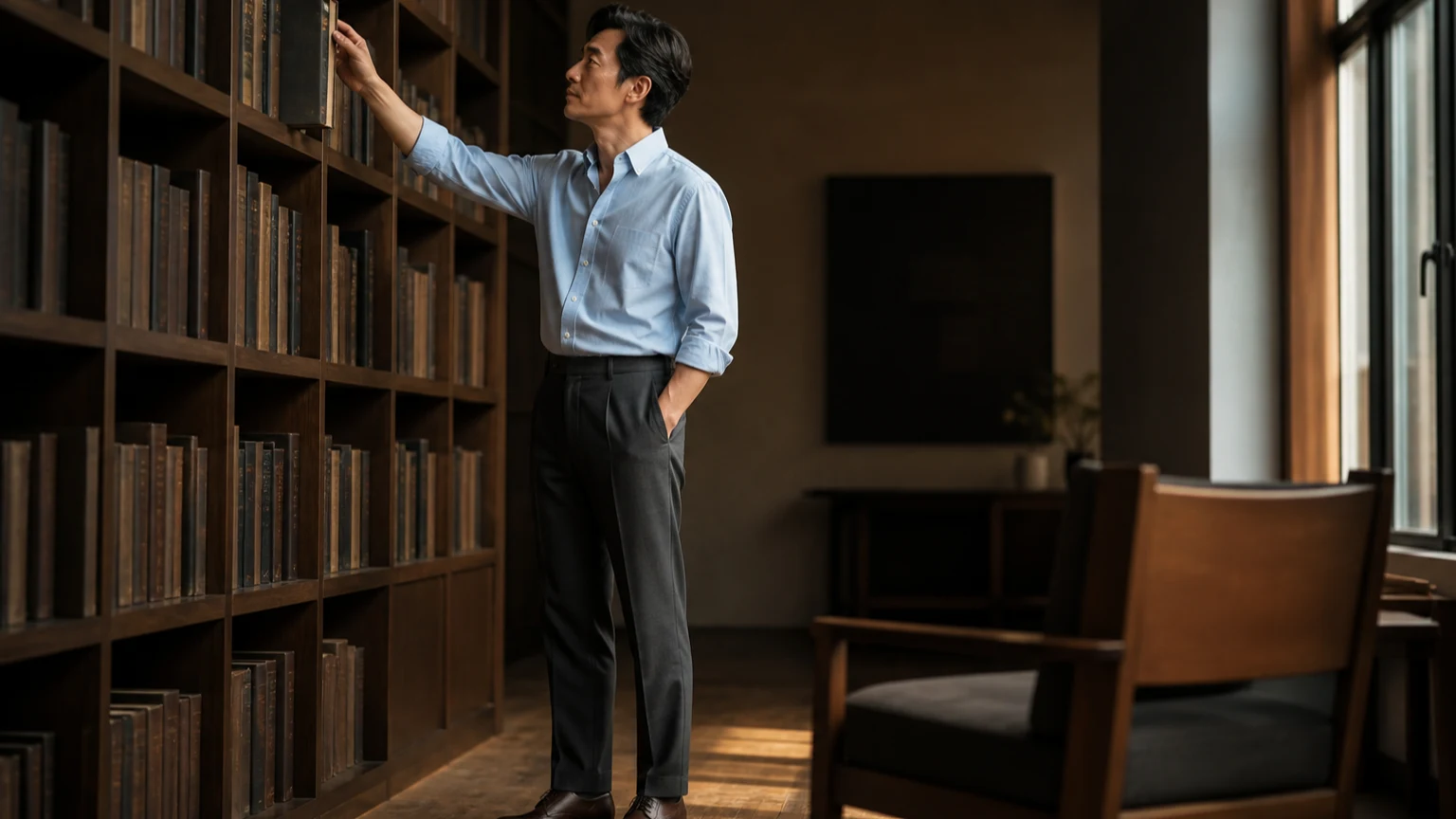 서가 앞에서 책을 고르며 상의와 팬츠의 비율이 정돈된 차림을 한 남성