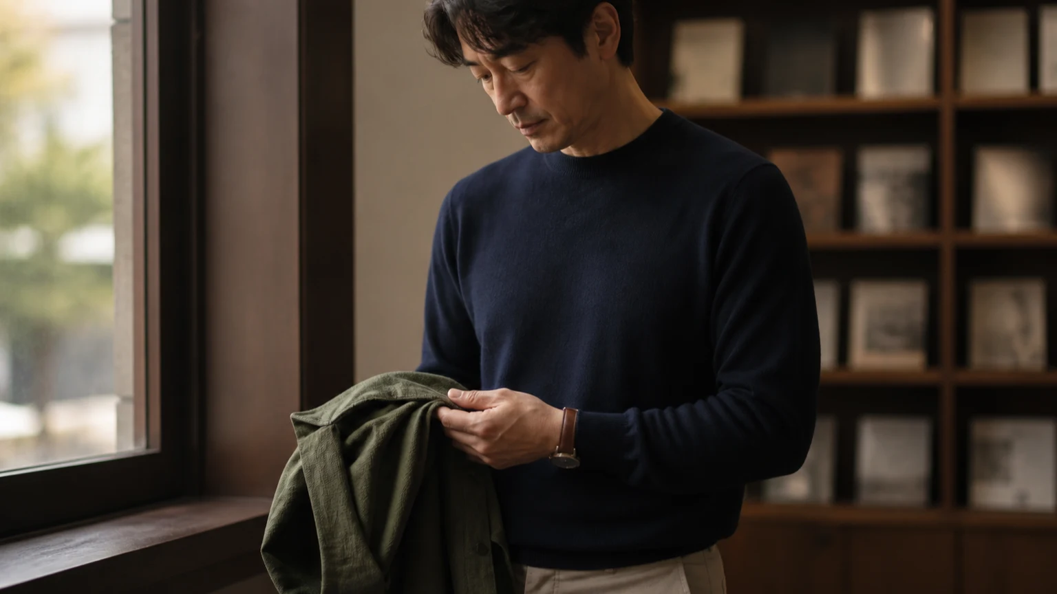 낮빛이 드는 서점에서 차분한 색의 옷을 입은 남성