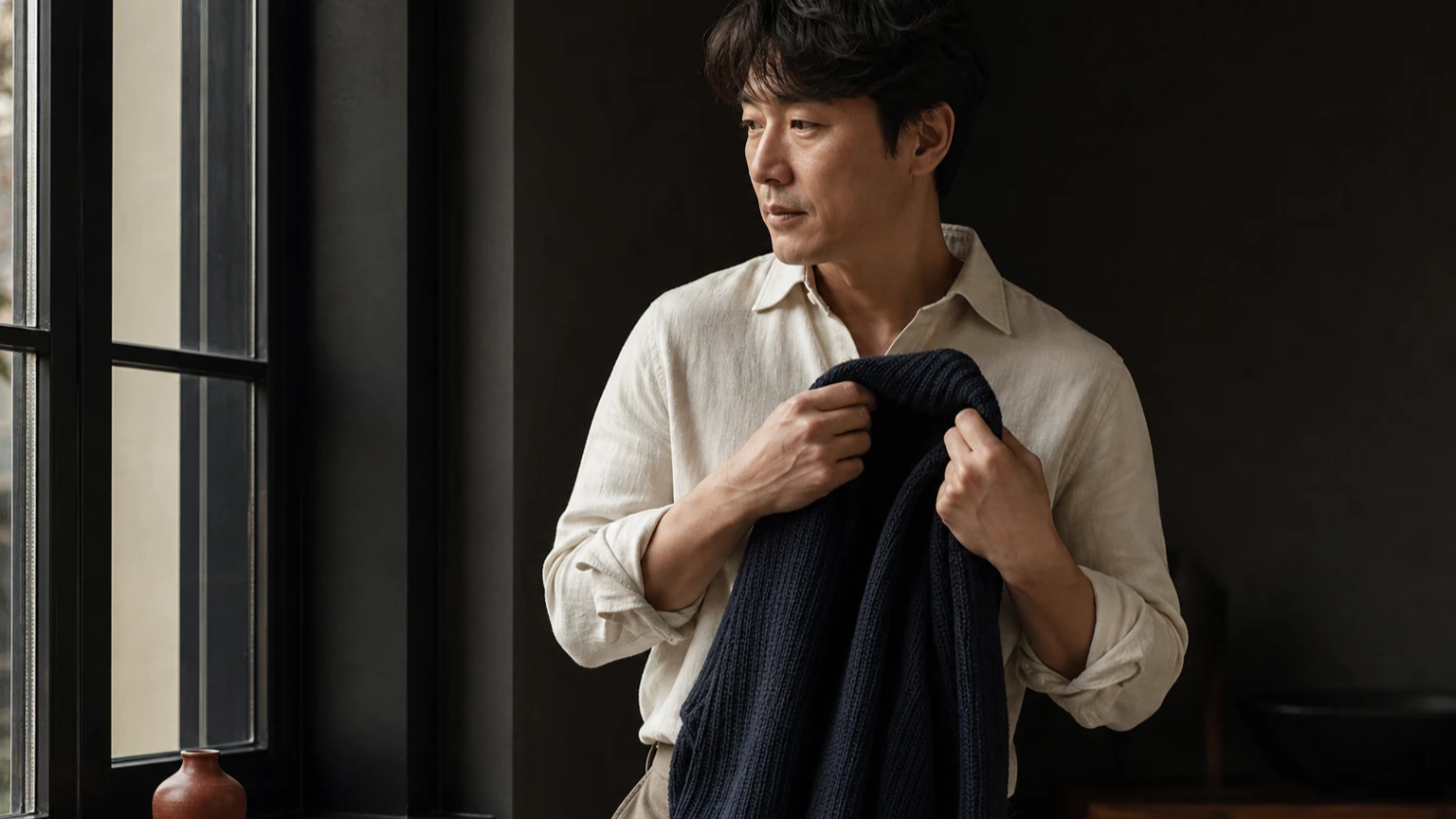 낮빛이 드는 실내에서 차분한 색의 옷을 입은 남성