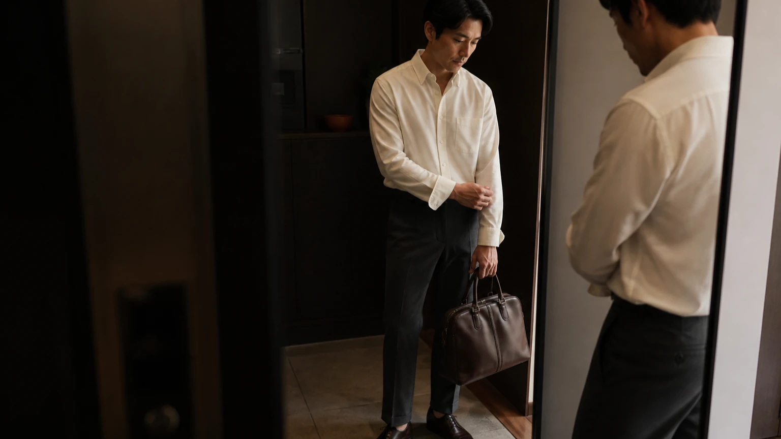 브런치 약속 전 신발과 가방, 옷의 상태를 점검하는 남성