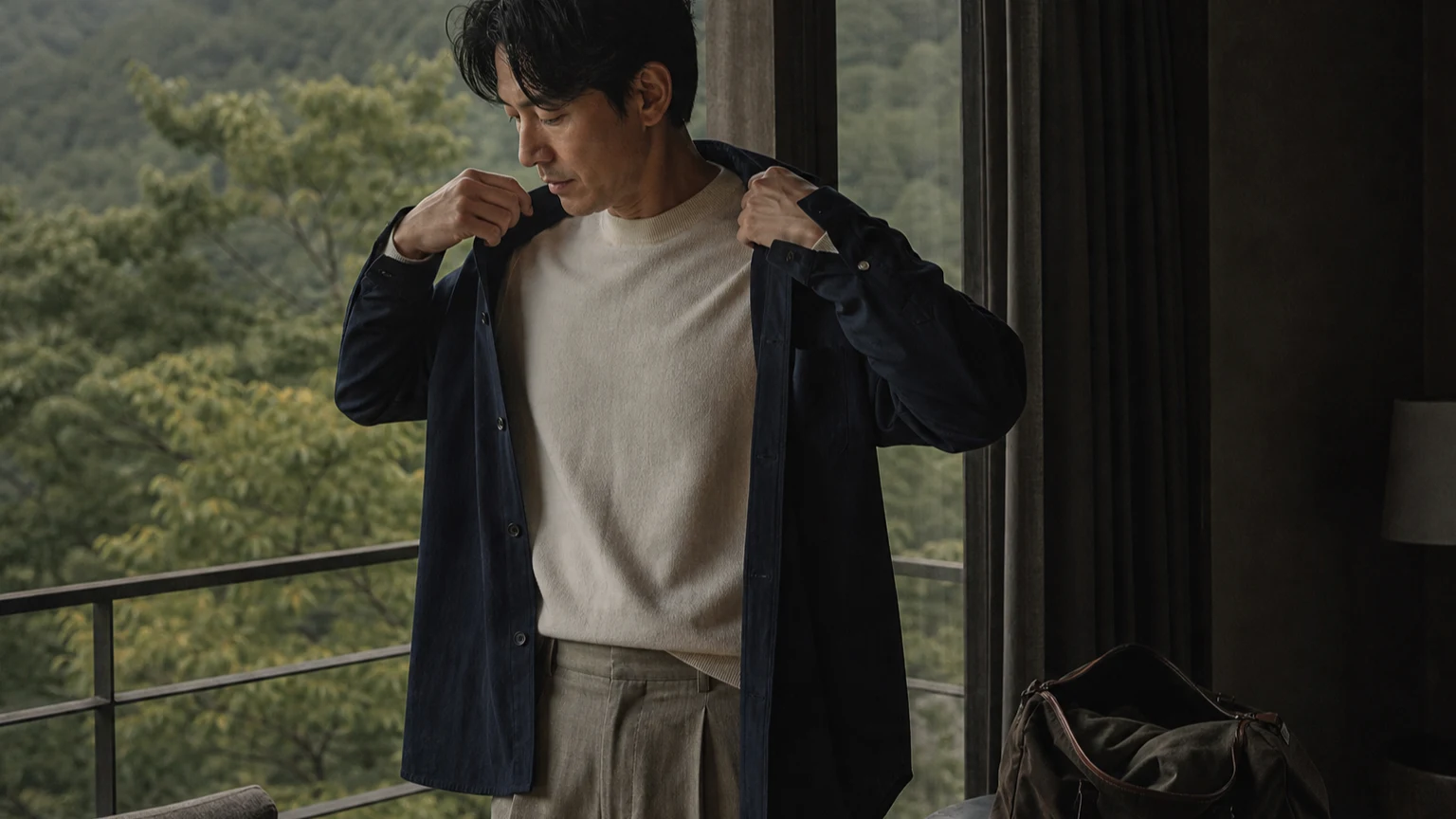 여행 숙소 창가에서 가벼운 겉옷을 조정하는 남성