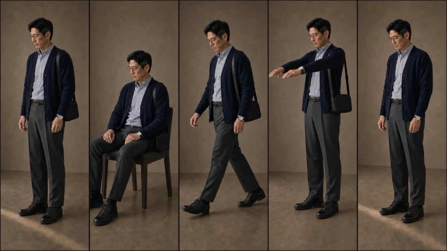 블루 셔츠와 차콜 팬츠를 입은 같은 남성이 서기와 앉기, 걷기, 팔 뻗기와 가방 착용 뒤 옷의 위치를 확인하는 장면