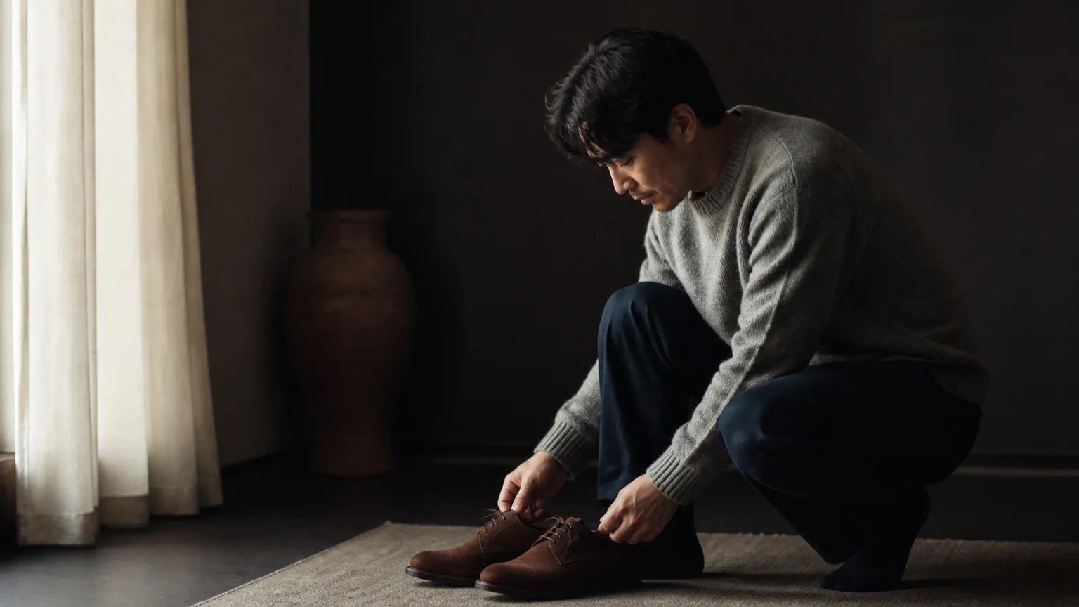 실내에서 신발을 말리기 전 위치와 형태를 확인하는 남성