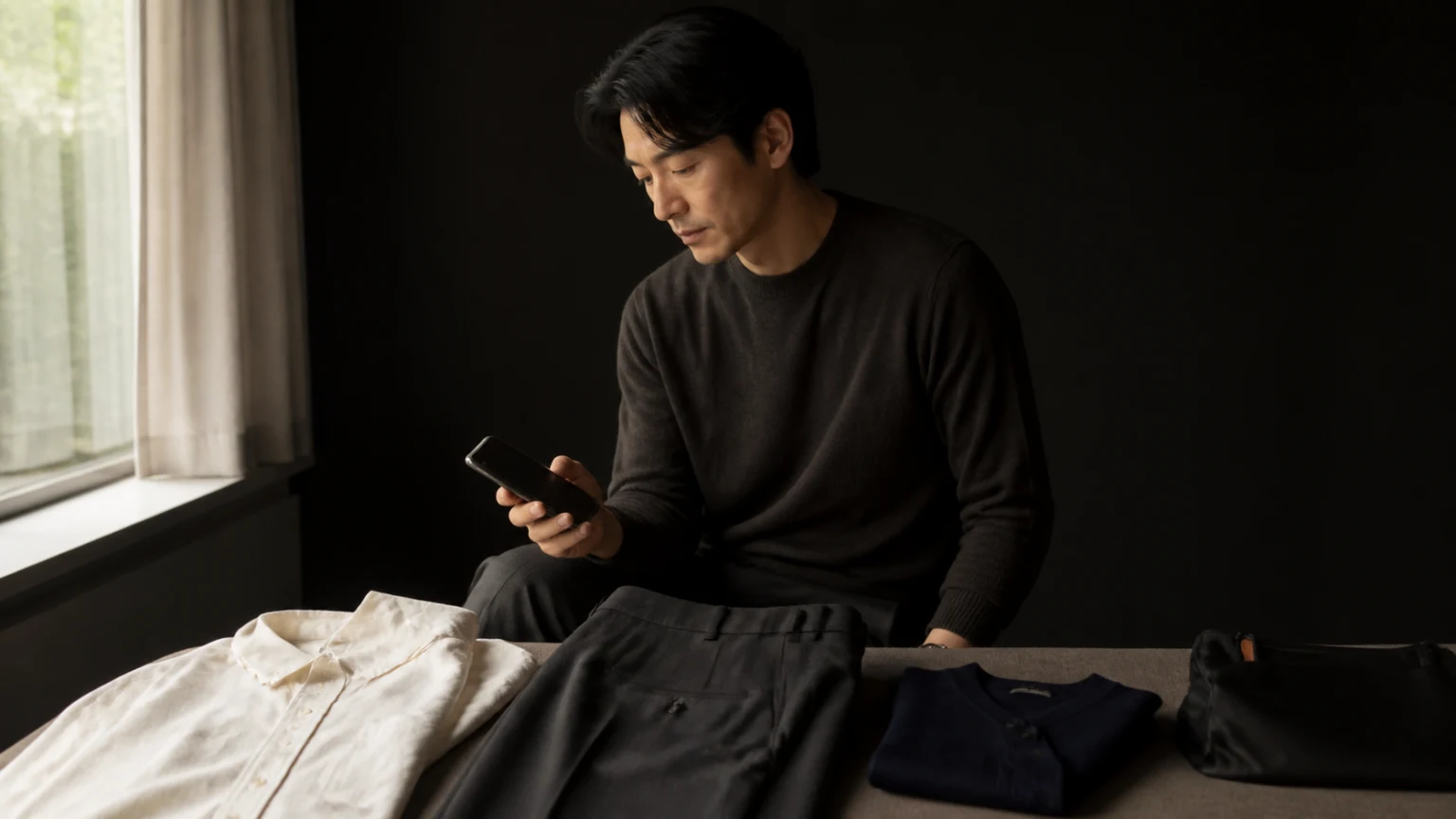 와인 테이스팅 전 초대 정보를 확인하며 차분한 옷과 작은 가방을 준비하는 남성