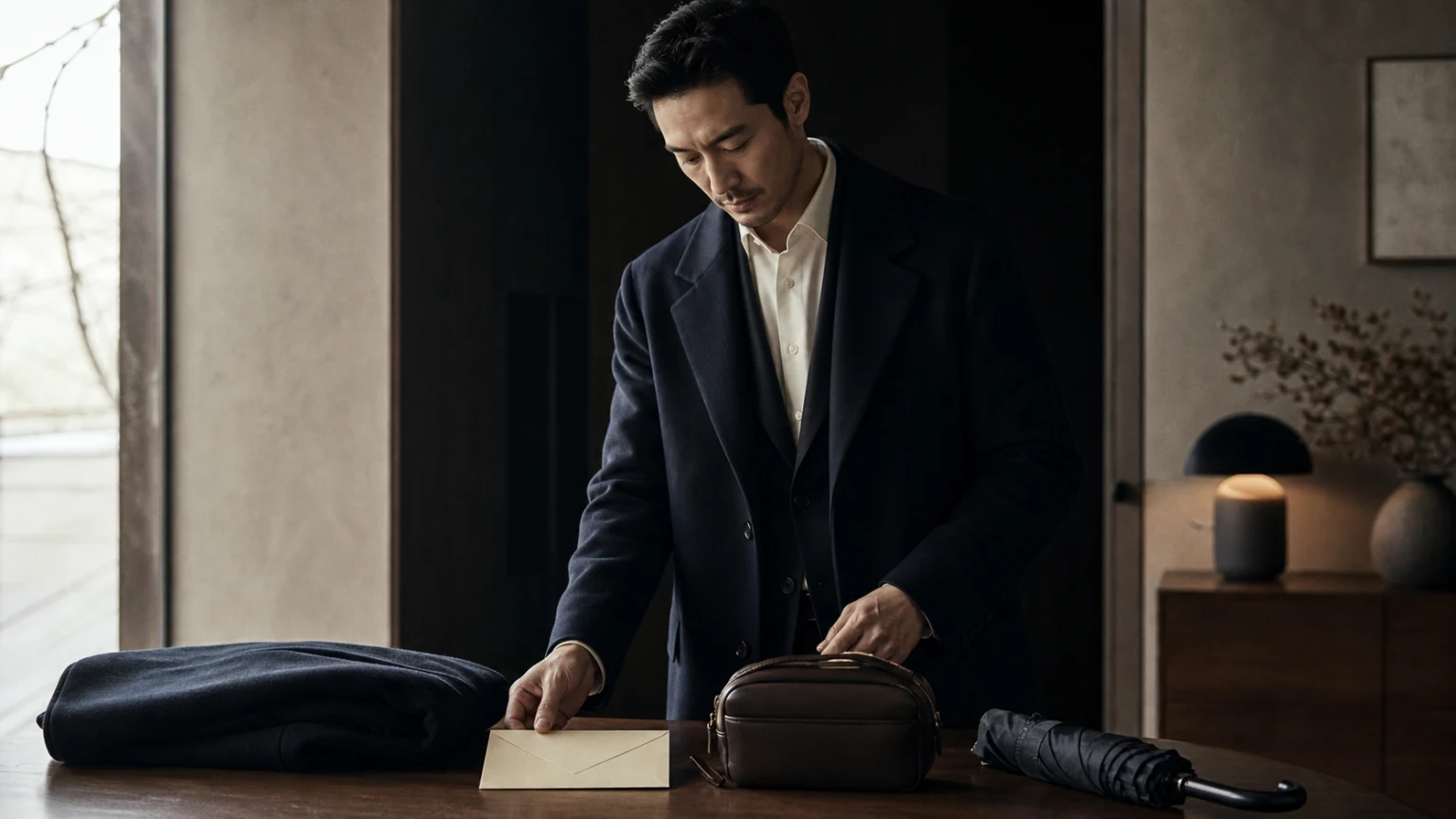 아우터와 가방을 곁에 두고 결혼식 이동 준비를 확인하는 남성