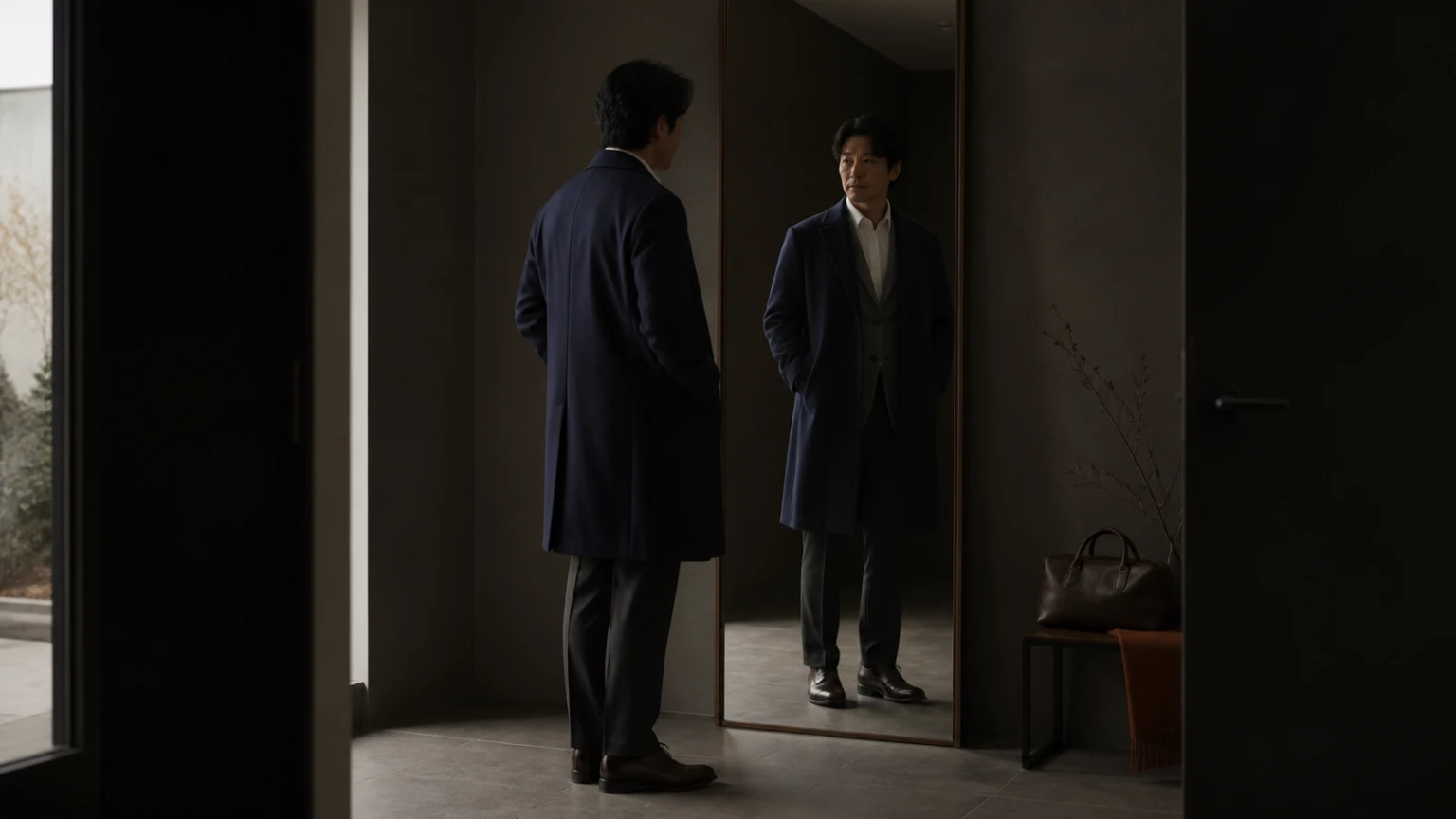 아우터와 신발, 가방을 포함한 전체 옷차림을 확인하는 남성