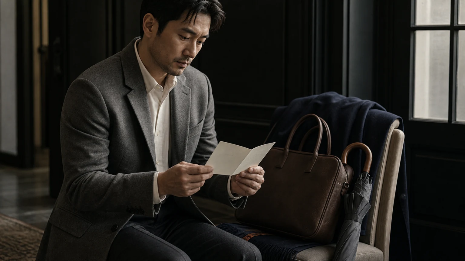 아우터와 가방을 곁에 두고 출발 전 준비를 확인하는 남성