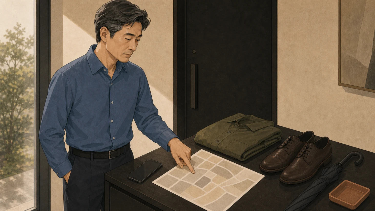 출근 전 테이블에서 날씨 예보와 외부 미팅 일정, 이동 동선을 함께 확인하는 남성