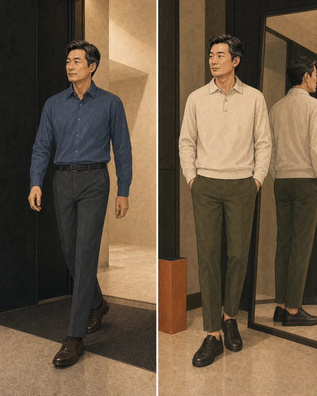 비 오는 오피스 입구에서 그레이 슬랙스와 올리브 치노의 통과 신발 위 밑단을 비교한 장면