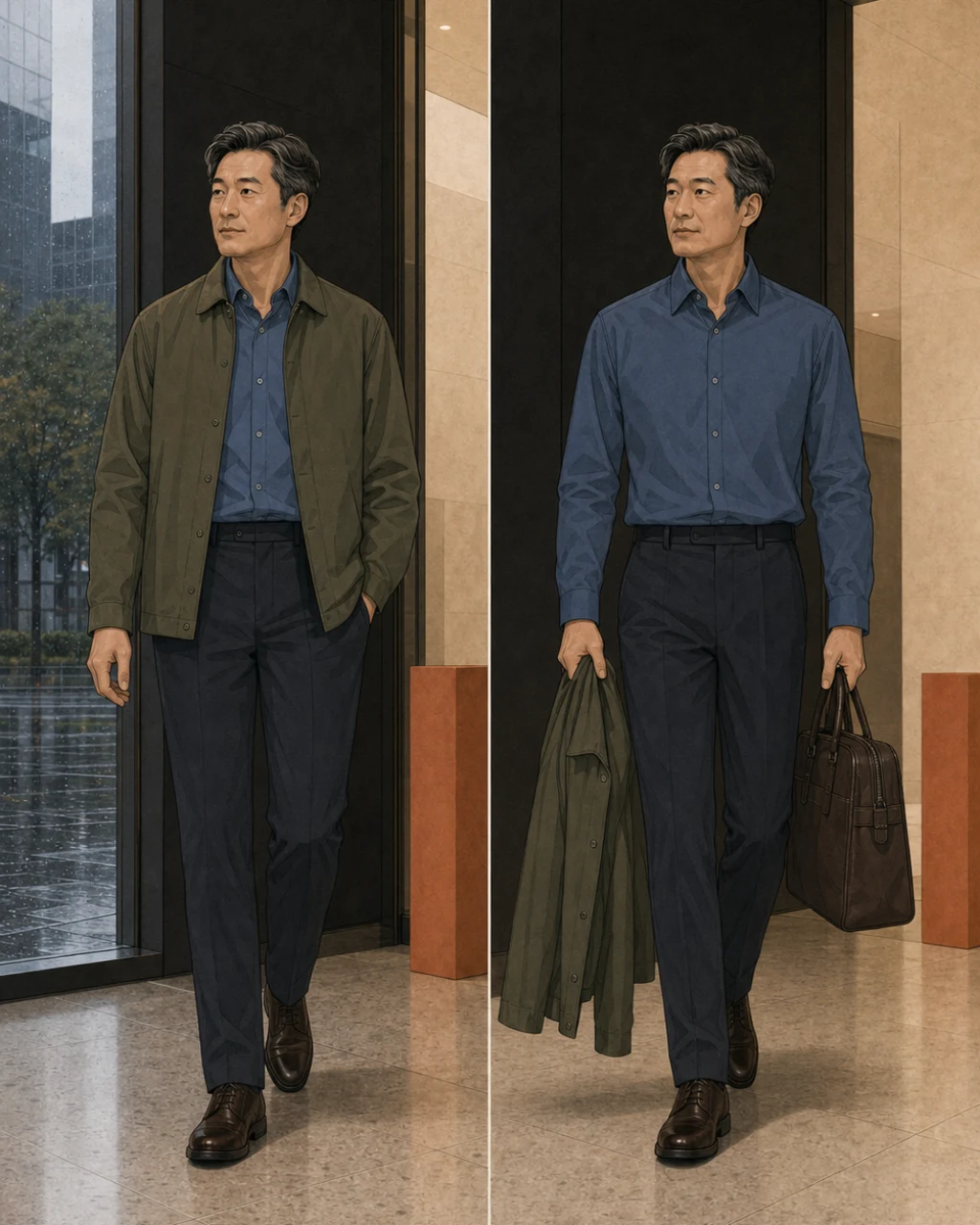 오피스 로비에서 올리브 오버셔츠를 벗어 분리하고 블루 셔츠 차림으로 전환하는 남성의 두 장면
